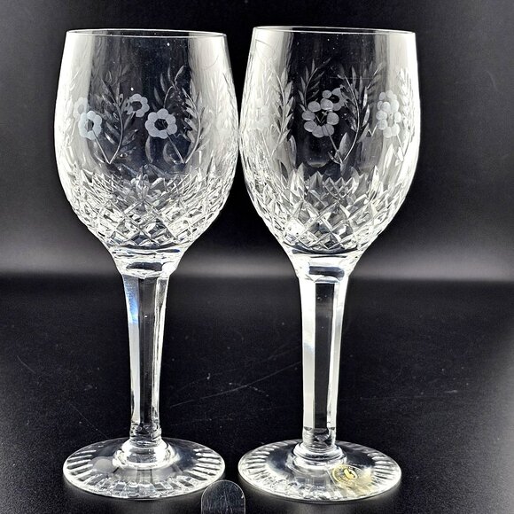 2) Fine Etched Floral Cut Crystal Wine Cocktail Glasses 6 3/4" Yugoslavia 6oz - Picture 7 of 12